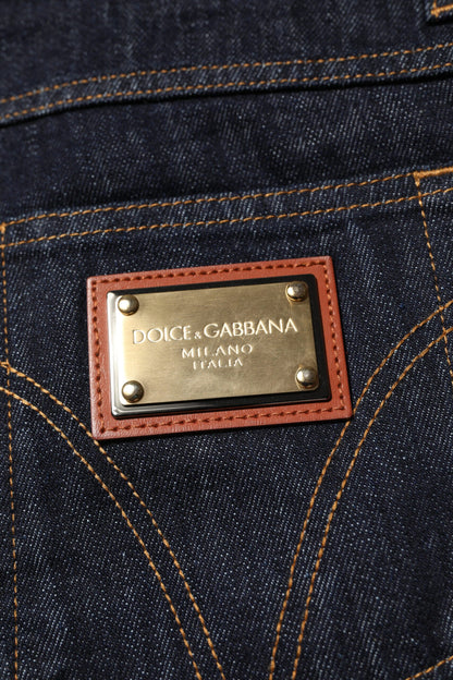 Dark Blue Cotton Logo Plaque Men Denim Jeans