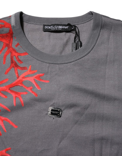 Gray Cotton Coral Print Logo Plaque T-shirt