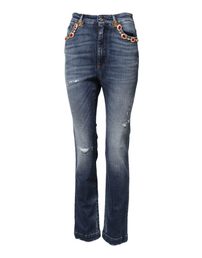 Blue Rhinestone Embellished Denim Jeans