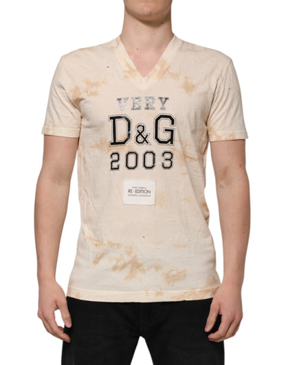 Beige Logo Print Short Sleeve V-neck T-shirt