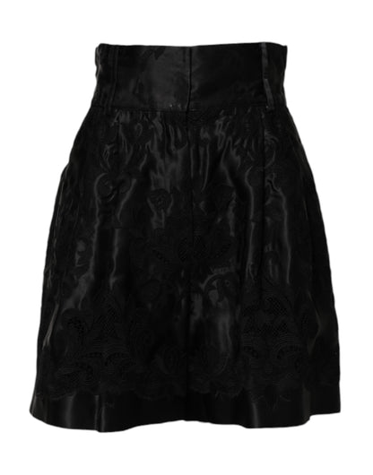 Black Floral Embroidery Silk High Waist Shorts