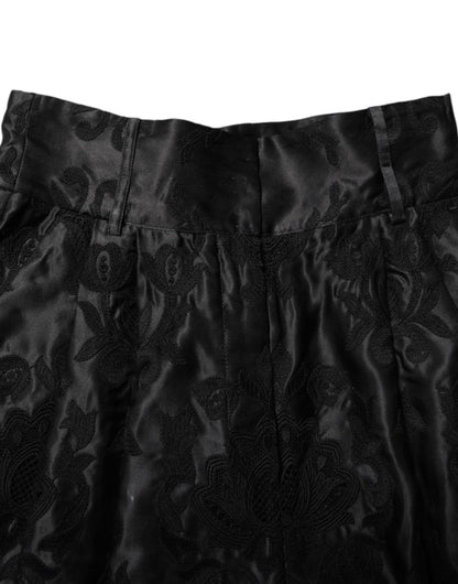 Black Floral Embroidery Silk High Waist Shorts