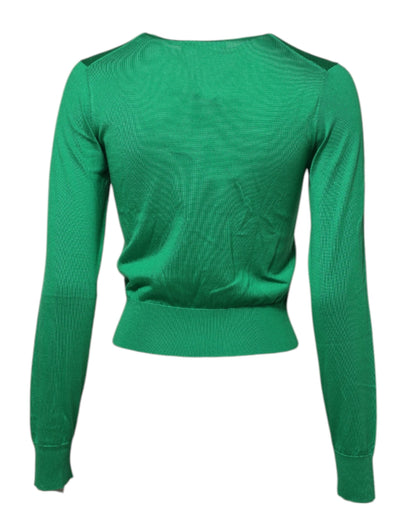 Green Floral Detailing Silk Pullover Sweater