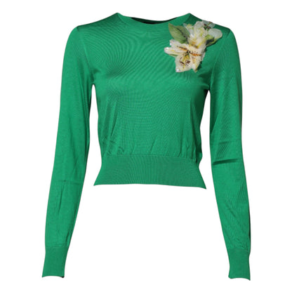 Green Floral Detailing Silk Pullover Sweater