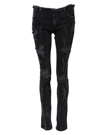 Black Cotton Tattered Skinny Denim Jeans