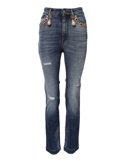 Blue Rhinestone Embellished Denim Jeans