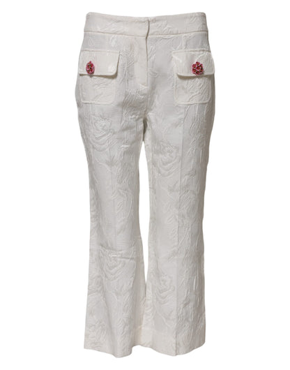 White Cotton Floral Jacquard Pants