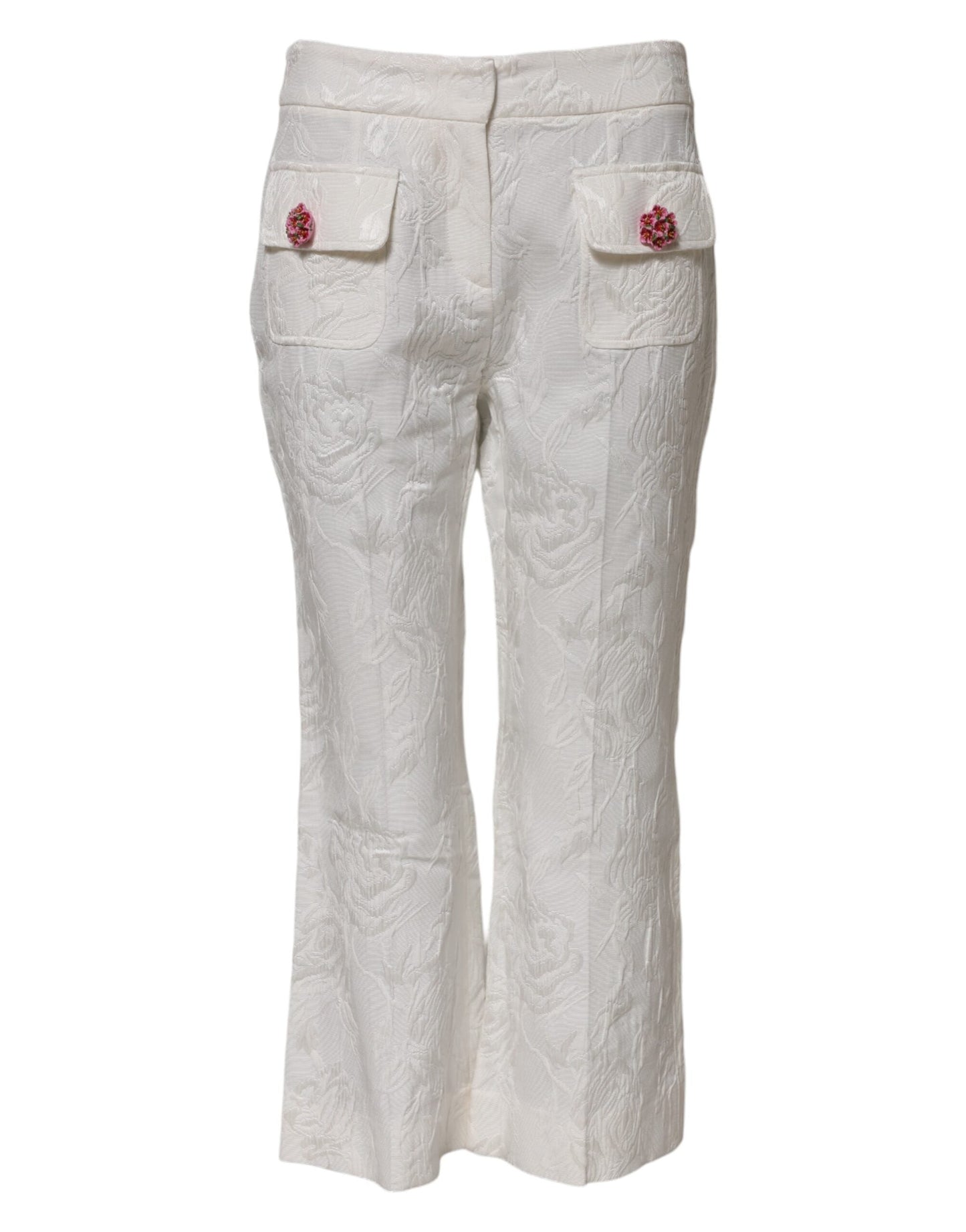 White Cotton Floral Jacquard Pants