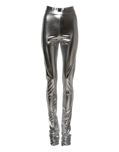 Metallic Silver Polyester Slim Fit Leggings Pants