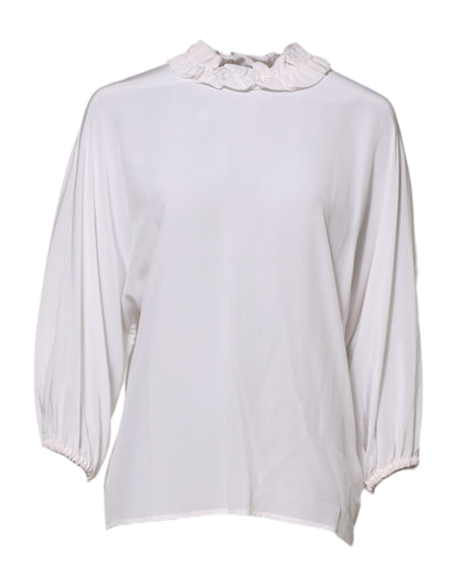 White Ruffled Neckline Blouse Pullover Top