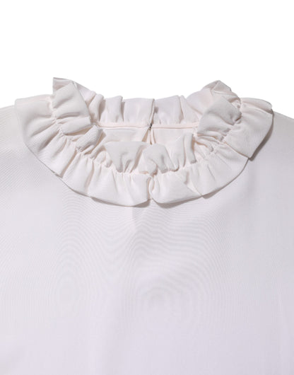 White Ruffled Neckline Blouse Pullover Top