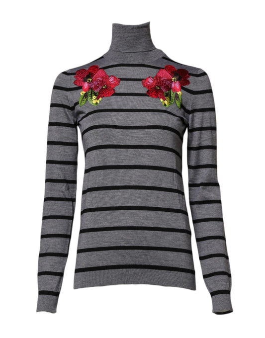 Gray Floral Embroidery Pullover Sweater