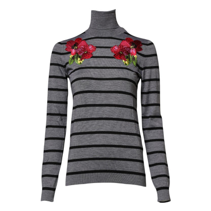 Gray Floral Embroidery Pullover Sweater