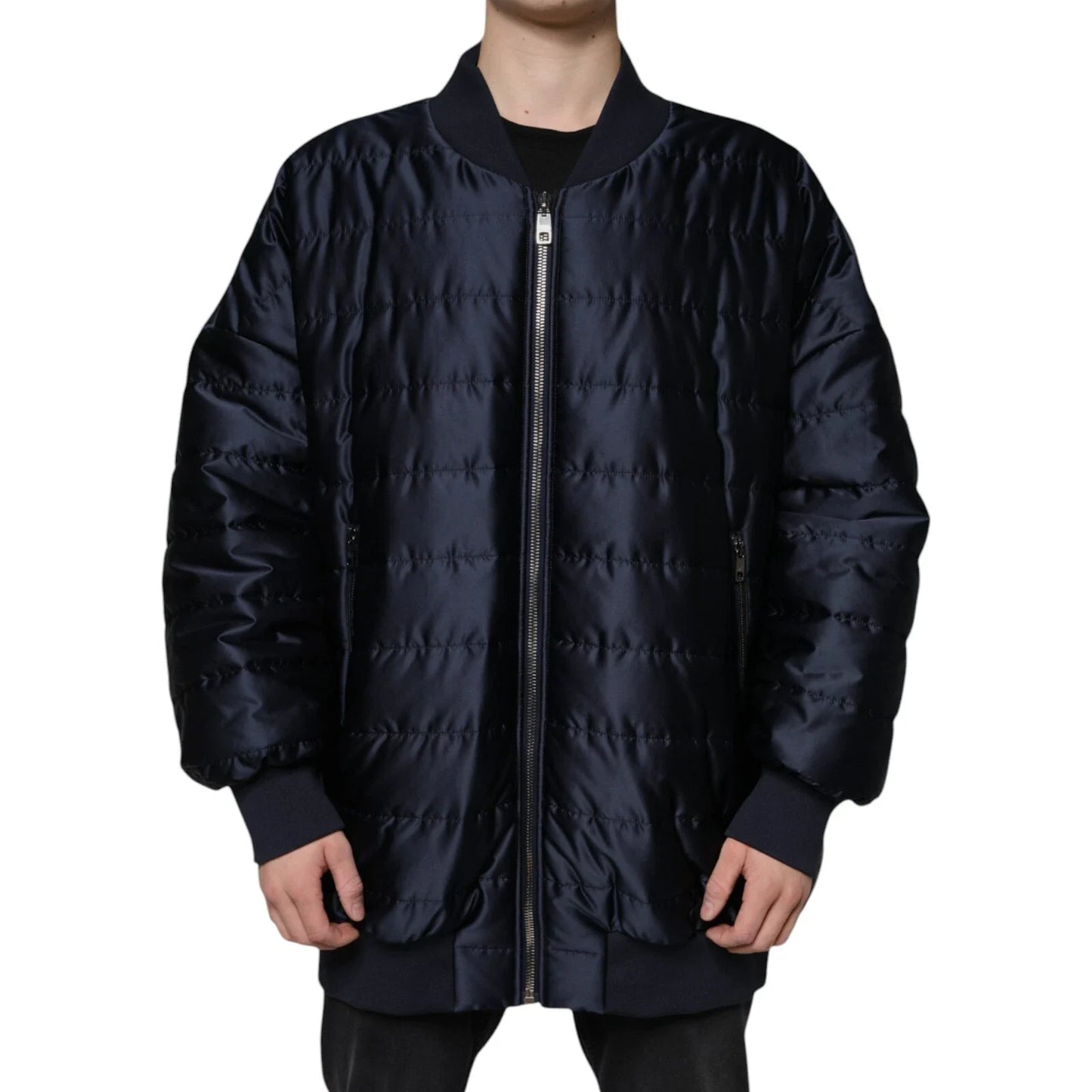 Dark Blue Quilted Full Zip Bomber Jacket