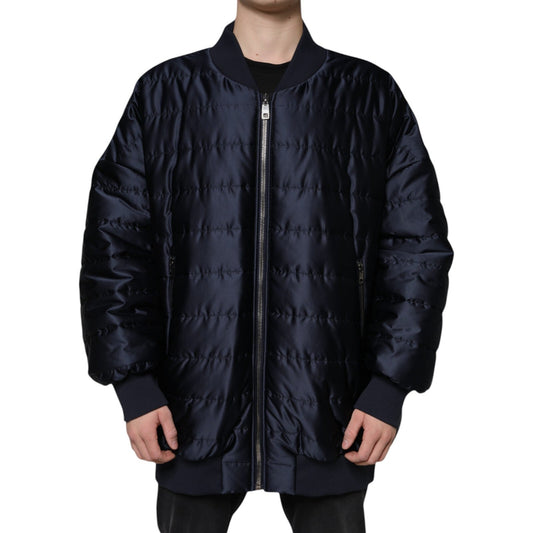 Dark Blue Quilted Full Zip Bomber Jacket