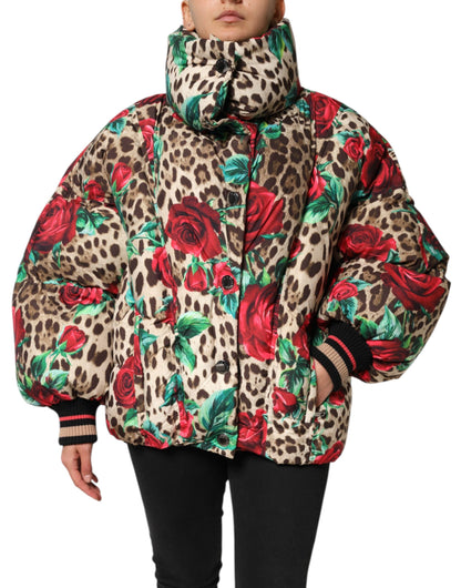 Multicolor Leopard Rose Puffer Quilted Jacket