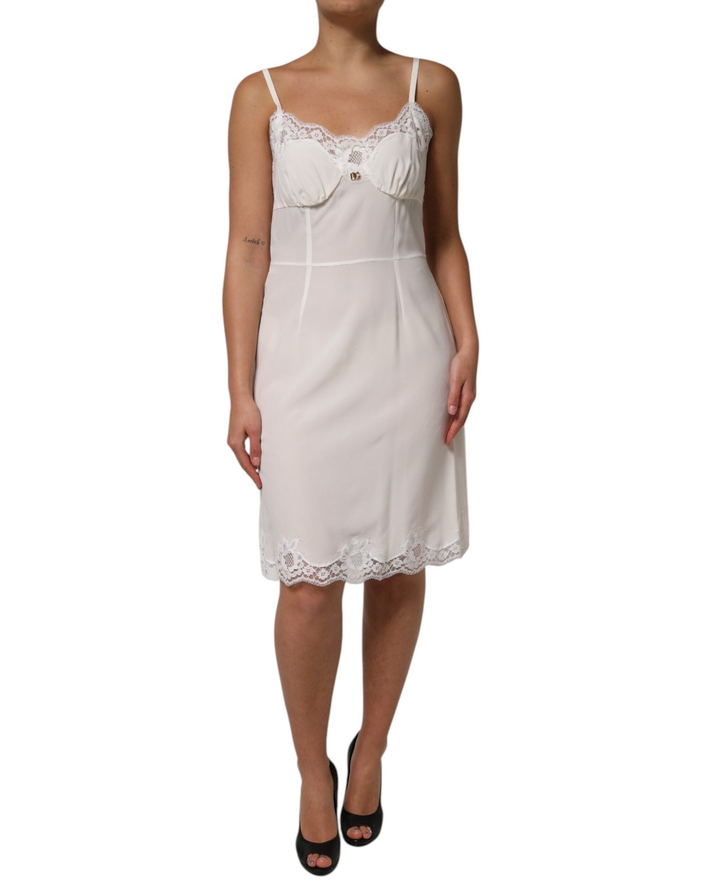 White Lace Gold DG Logo Silk Dress Sleepwear