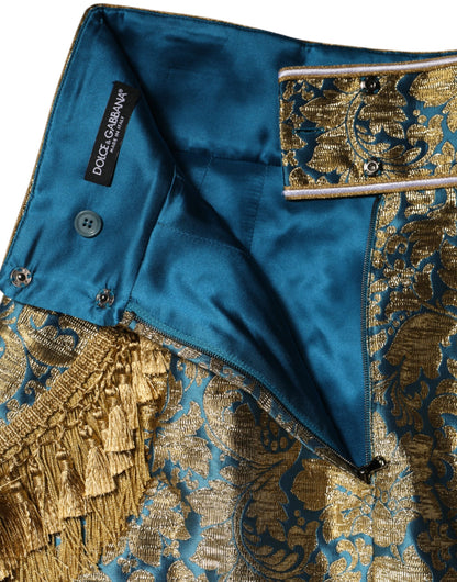 Blue Floral Jacquard Tasseled Mini Skirt