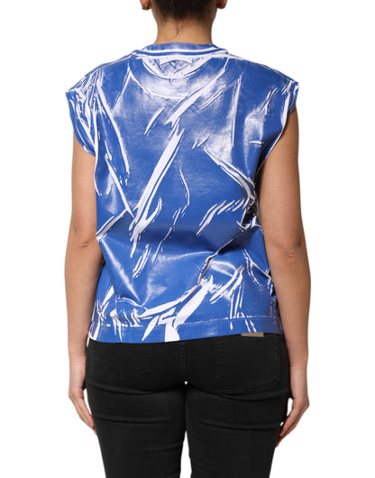 Blue White Cotton Logo Plaque Women Tank Top