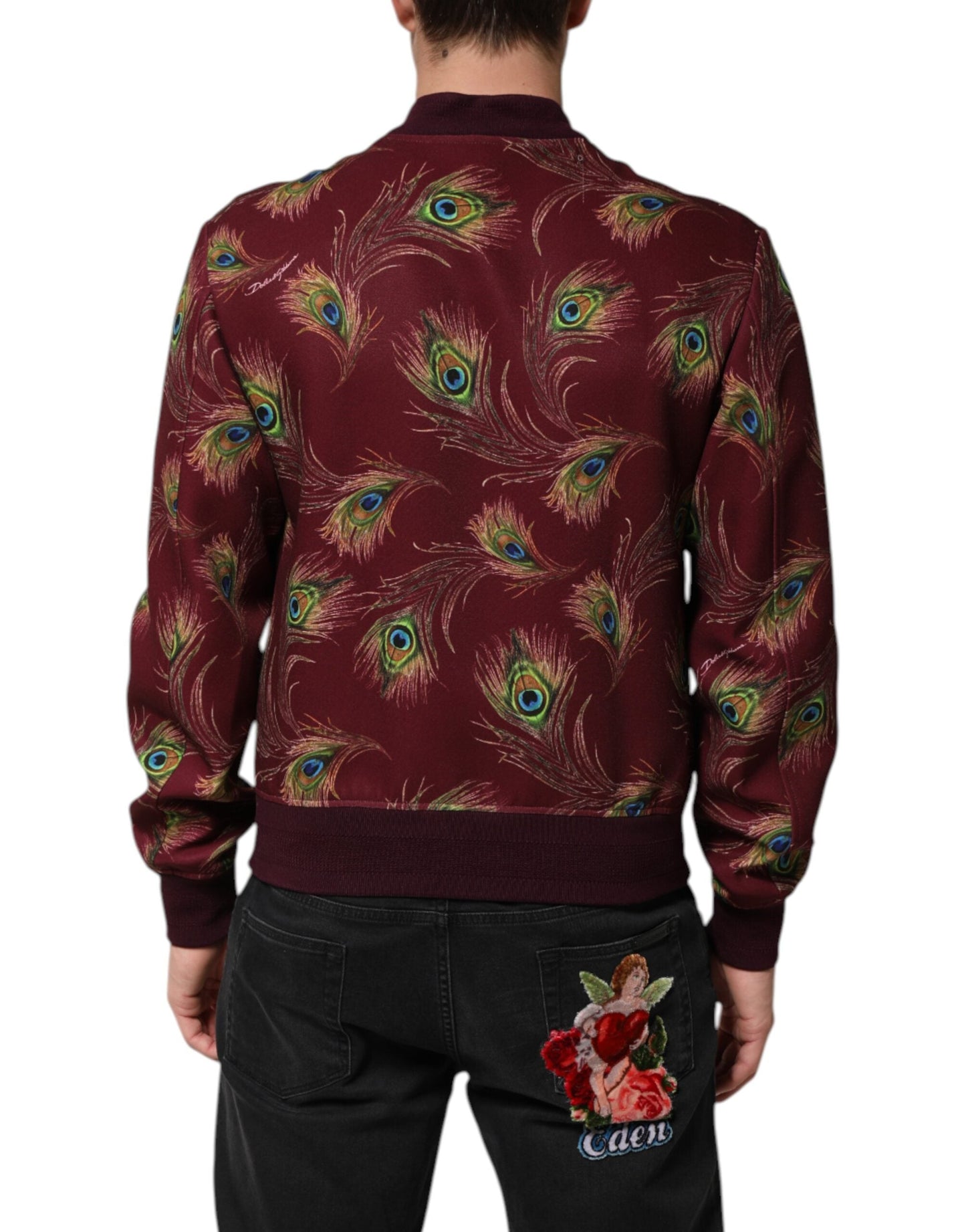 Maroon Peacock Feather Print Bomber Jacket