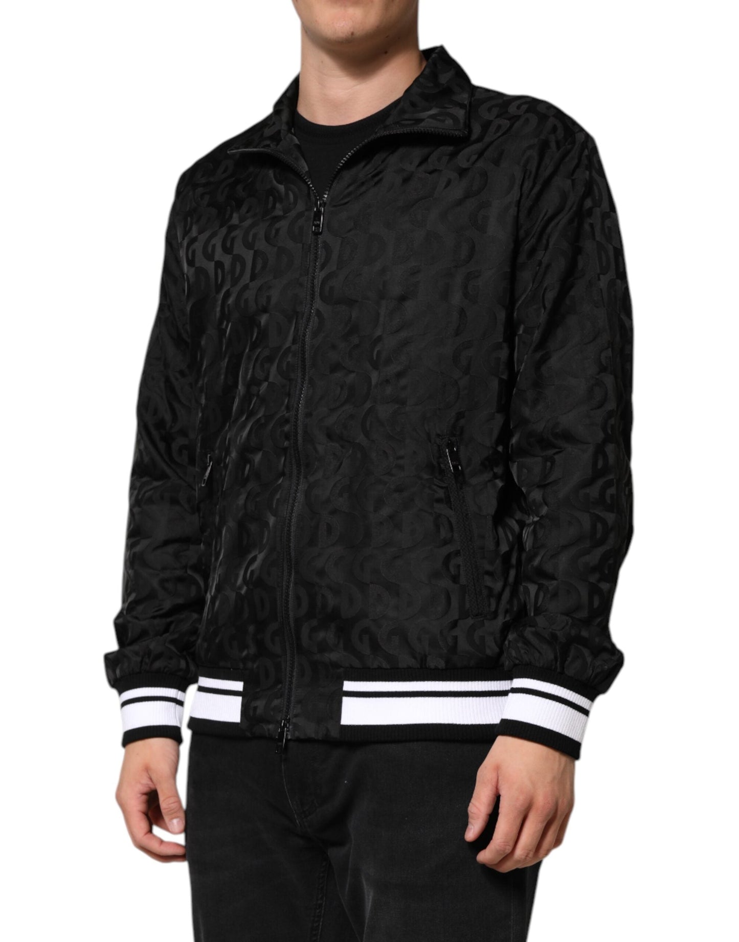 Black Jacquard Men Full Zip Bomber Sweater