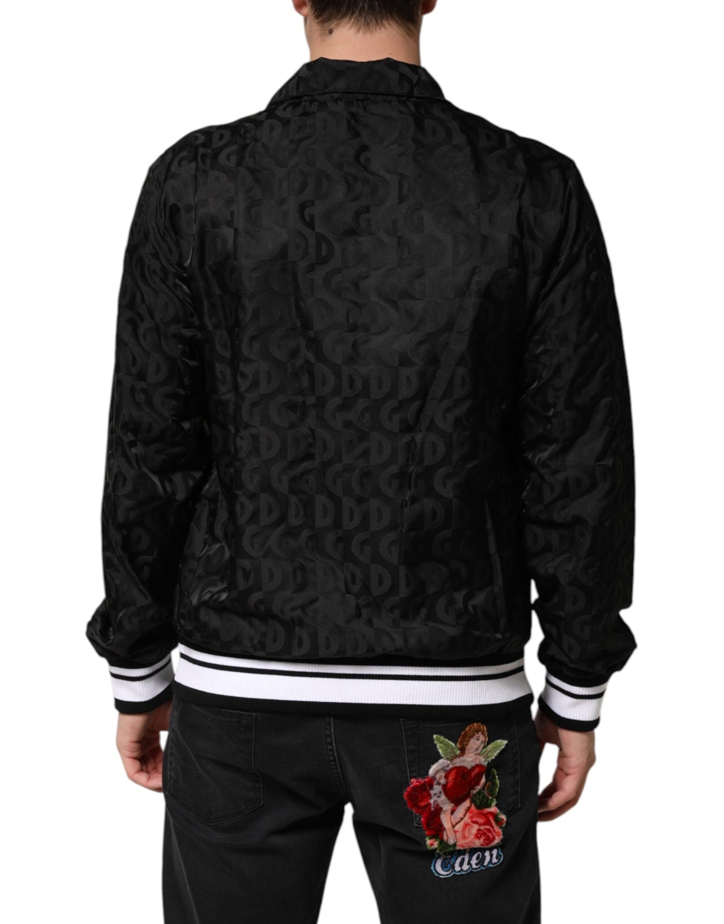 Black Jacquard Men Full Zip Bomber Sweater