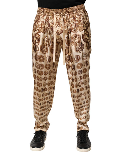 Beige Coin Print Silk Twill Men Jogger Pants