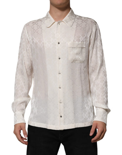 White Silk DG Logo Print Long Sleeves Shirt