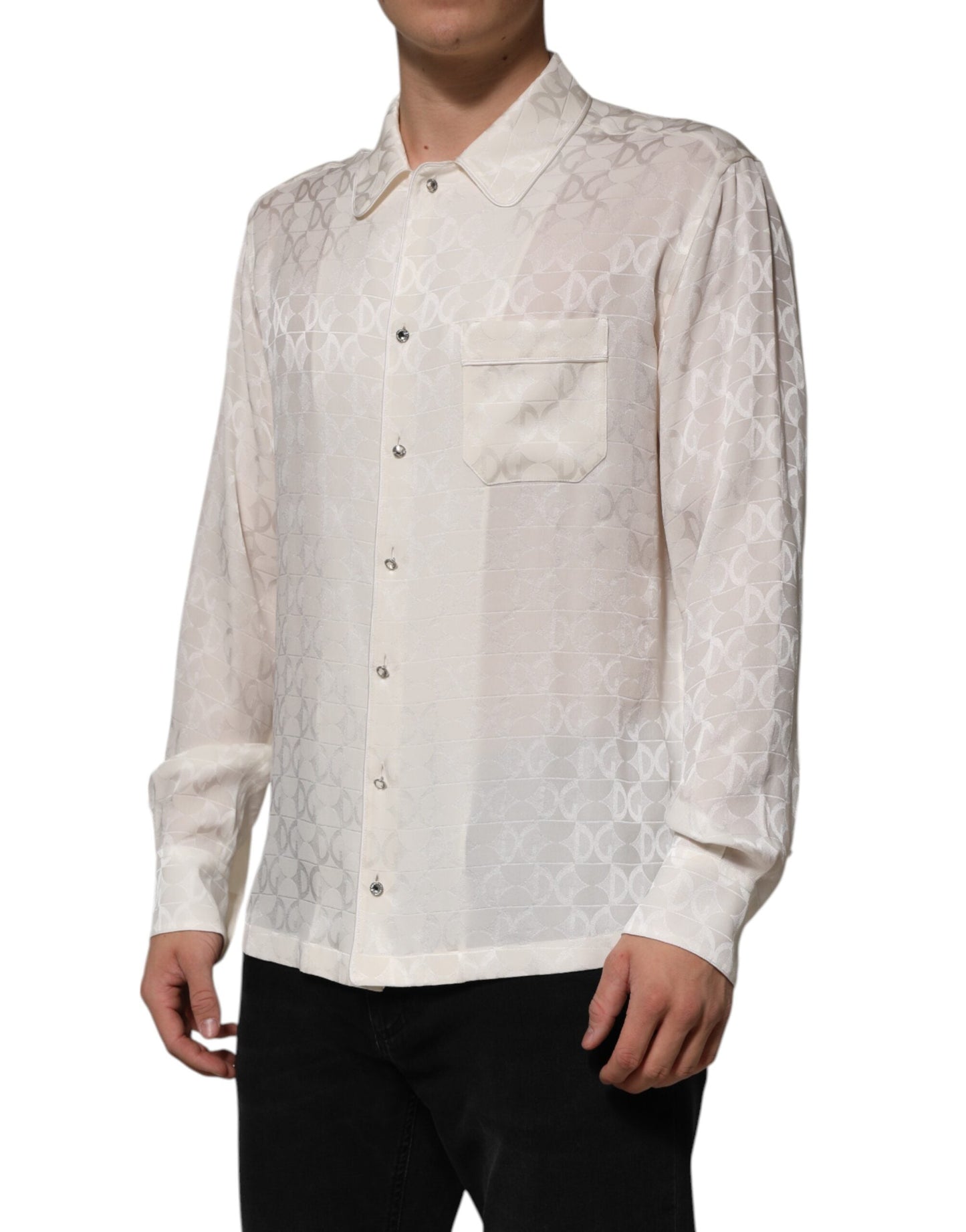 White Silk DG Logo Print Long Sleeves Shirt