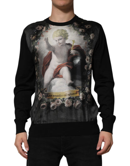 Black Cashmere Cherub Print Baroque Sweater