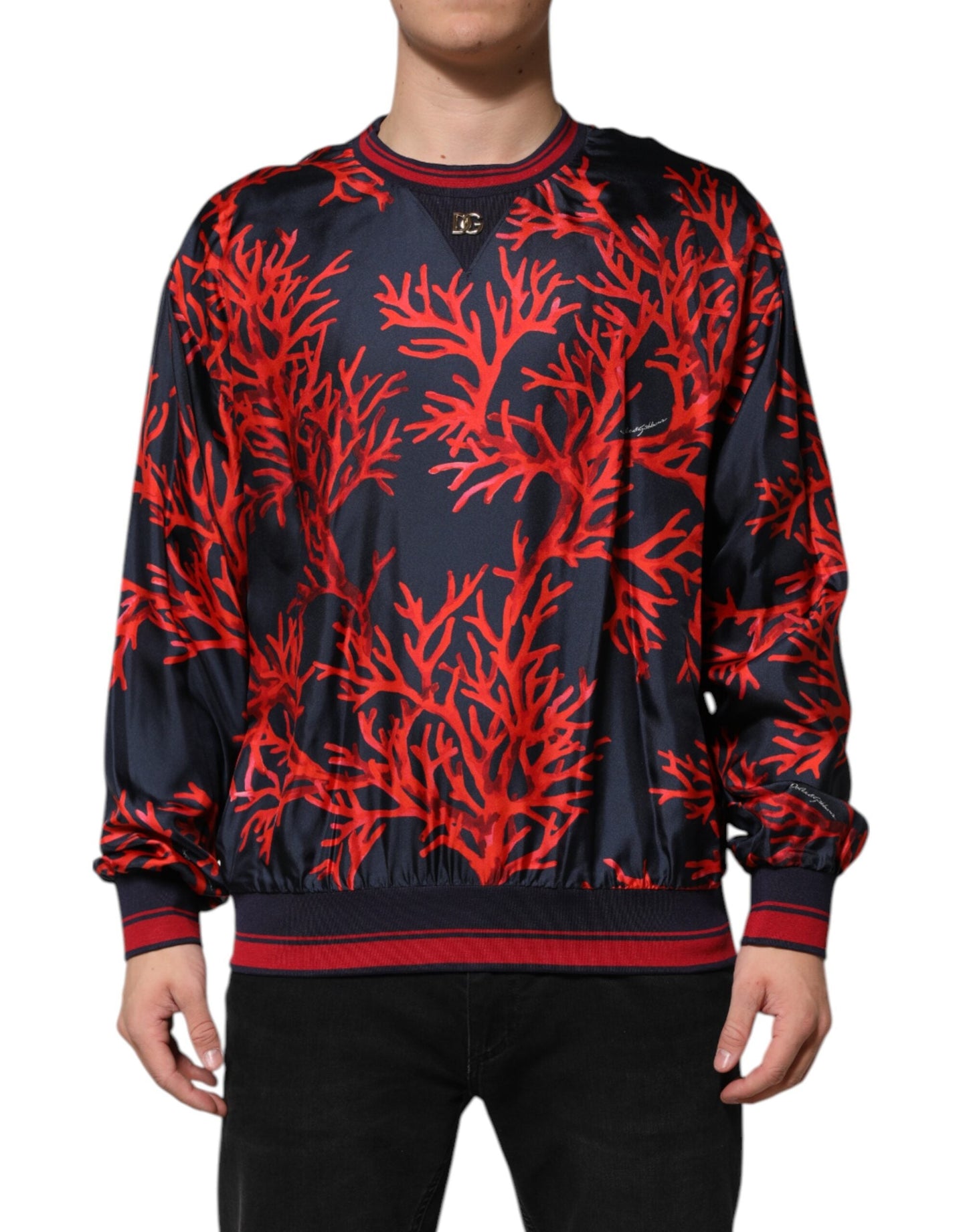 Navy Red Silk Coral Print Pullover Sweater