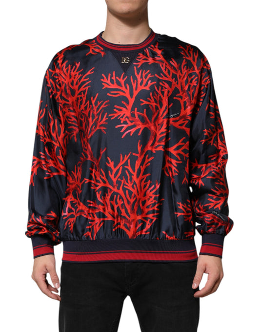 Navy Red Silk Coral Print Pullover Sweater