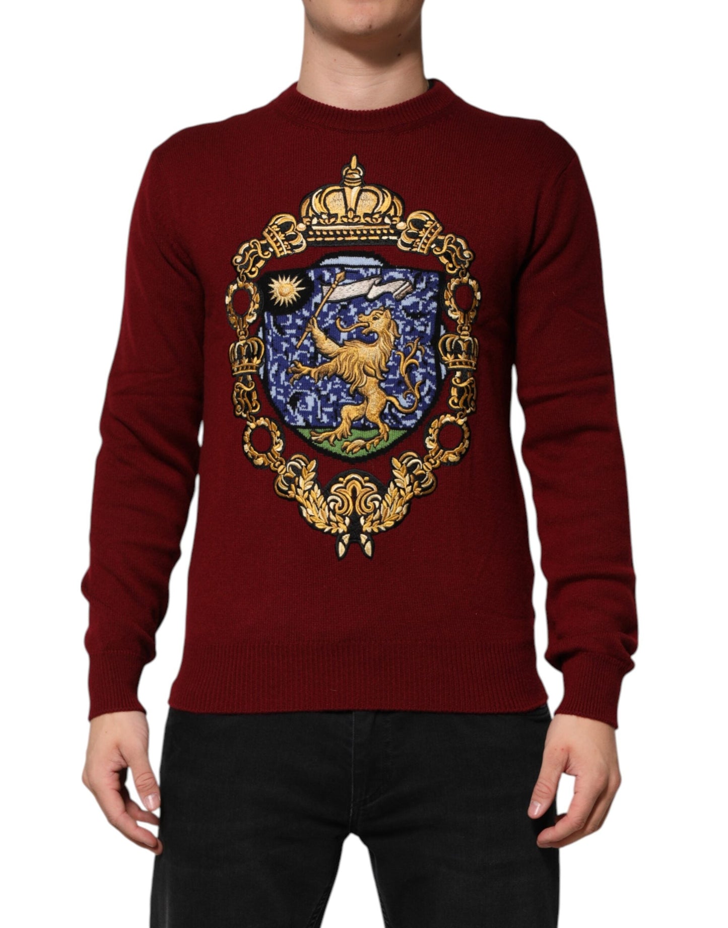 Burgundy Cashmere Lion Crest Pullover Sweater