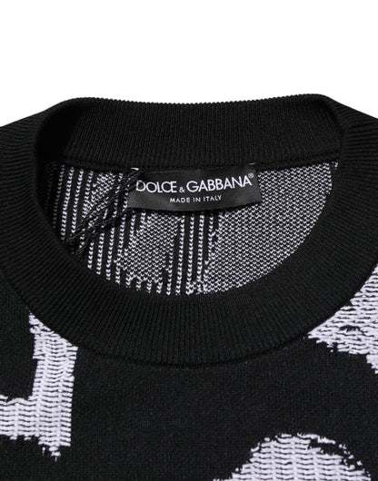 Black Nylon Wool Heart Print Pullover Sweater