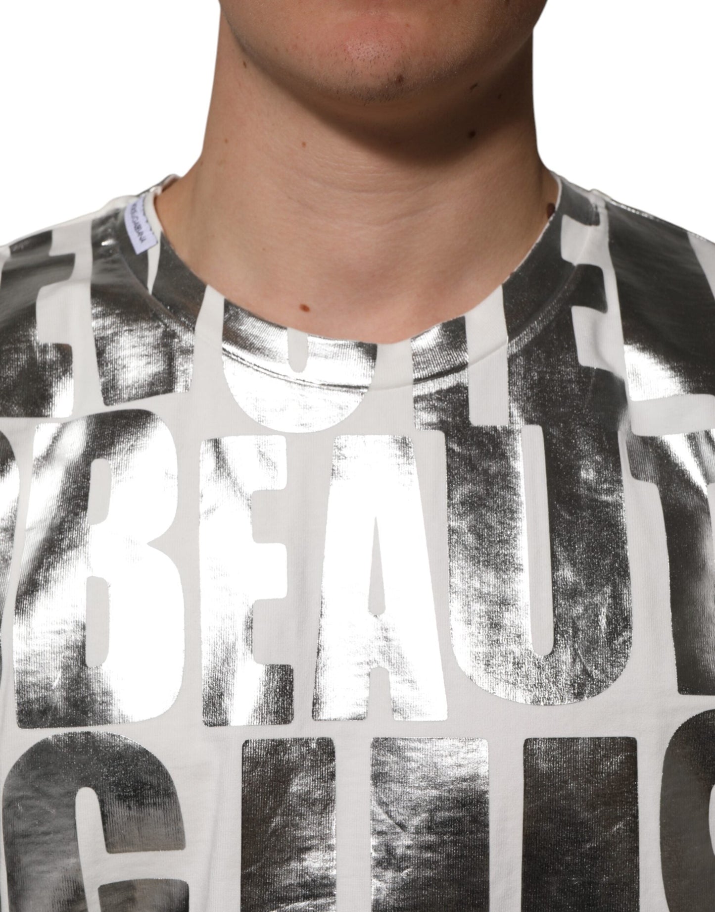 White Cotton Silver Metallic Slogan Print T-shirt
