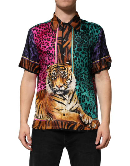 Multicolor Silk Tiger Print Hawaiian T-shirt
