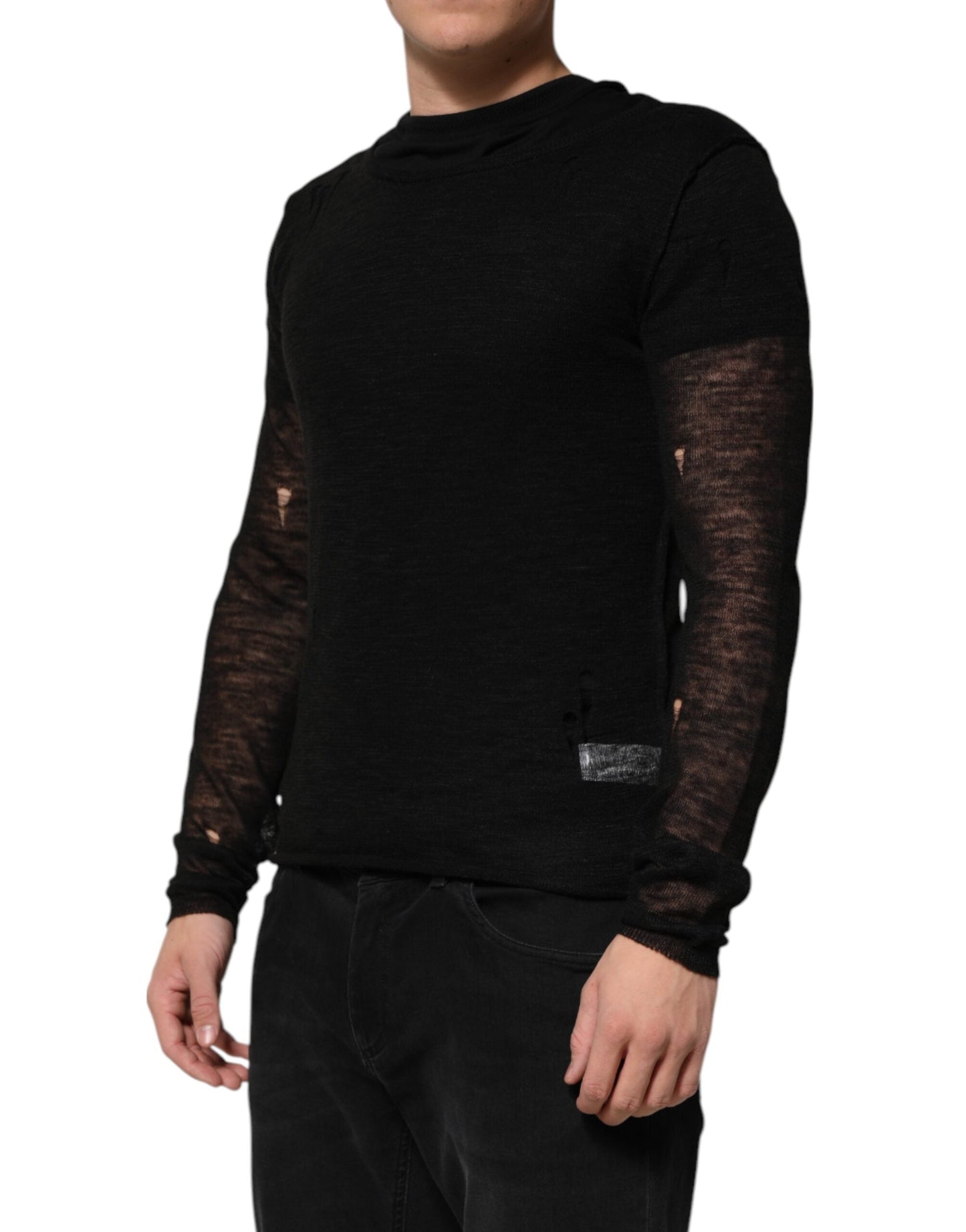 Black Linen Mesh Tattered Longsleeves T-shirt
