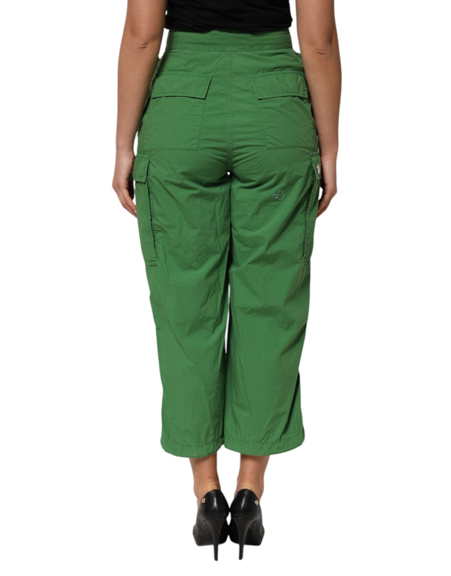 Green Cotton High Waist Cargo Trouser Pants