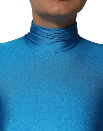 Blue Nylon Turtleneck Bodycon Jumpsuit  Dress