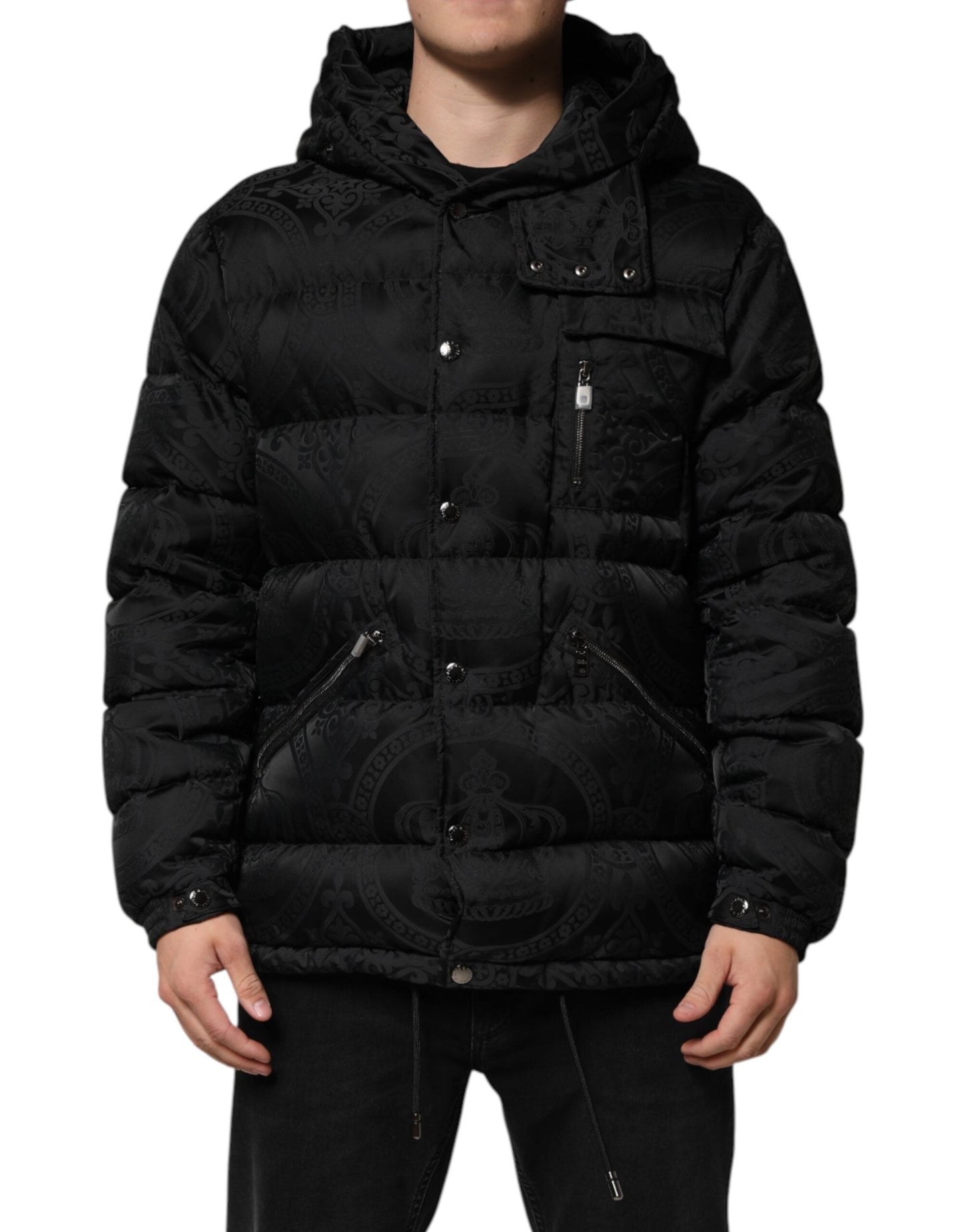 Black Jacquard Quilted Puffer Hooded Jacket