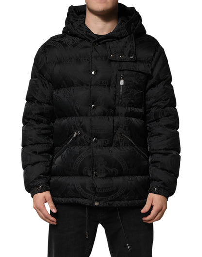 Black Jacquard Quilted Puffer Hooded Jacket
