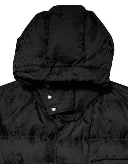 Black Jacquard Quilted Puffer Hooded Jacket