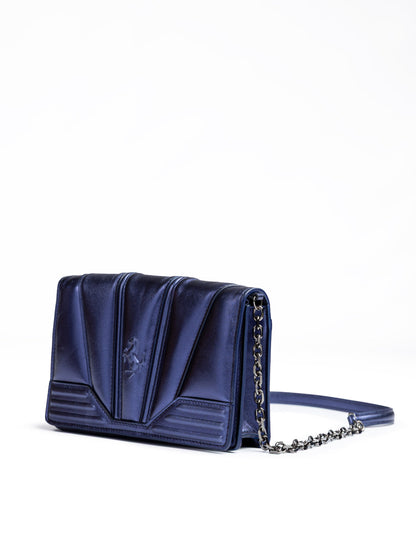 Metal blue GT patent leather bag with chain