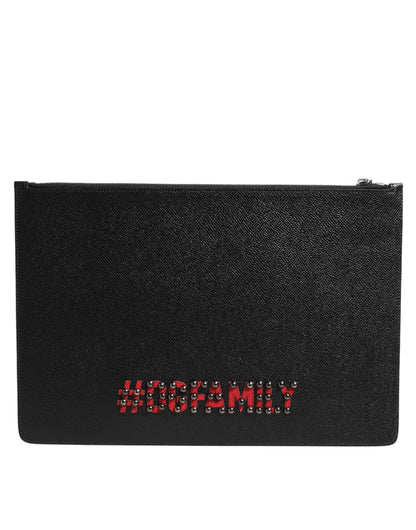 Black Leather #DGFAMILY Embellished Men Clutch Pouch Bag