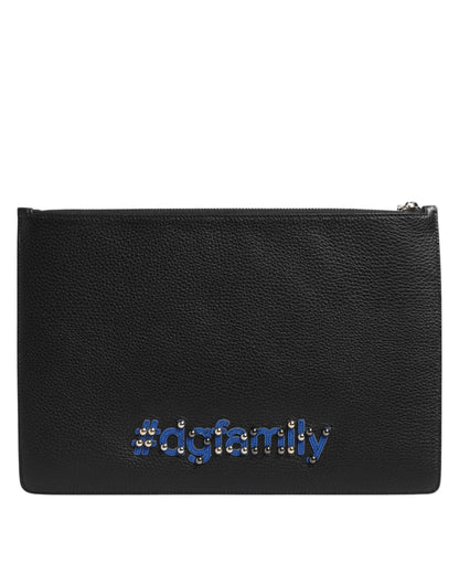 Black Leather #DGFAMILY Embellished Men Clutch Pouch Bag