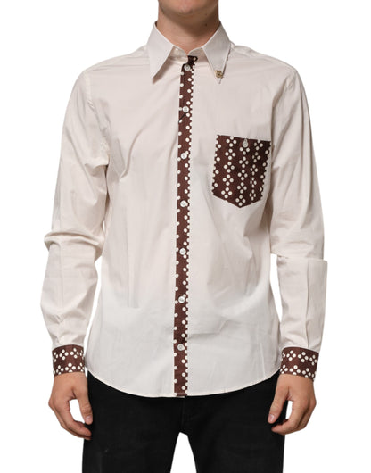 Cream White Cotton Polka Dot Slim Fit Shirt