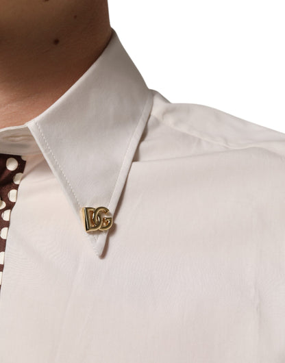 Cream White Cotton Polka Dot Slim Fit Shirt