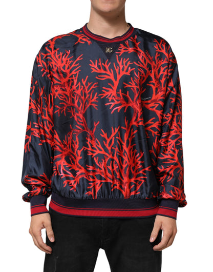 Silk Navy Red Coral Print Pullover Sweater