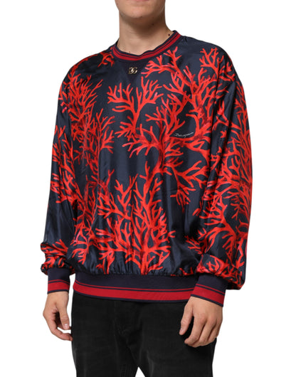 Silk Navy Red Coral Print Pullover Sweater