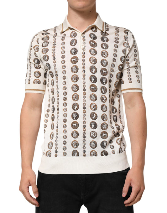 Silk Ivory Coin Print Logo Men Polo T-shirt